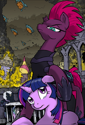 Size: 1200x1768 | Tagged: safe, artist:yewdee, princess celestia, tempest shadow, twilight sparkle, alicorn, pony, unicorn, g4, my little pony: the movie, airship, attack, broken horn, burning, burning city, cage, canterlot, crying, female, fire, horn, looking down, mare, open up your eyes, prisoner, raised hoof, storm guard, storm king's ship, twilight sparkle (alicorn)