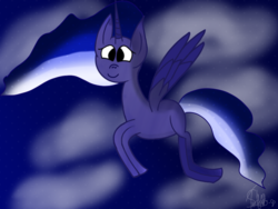 Size: 1024x768 | Tagged: safe, artist:wonderschwifty, princess luna, alicorn, pony, g4, cloud, female, flying, looking at you, mare, solo