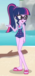 Size: 241x518 | Tagged: safe, screencap, sci-twi, twilight sparkle, equestria girls, equestria girls series, g4, unsolved selfie mysteries, beach, clothes, cropped, feet, female, flip-flops, geode of telekinesis, glasses, legs, magical geodes, ponytail, sandals, sci-twi swimsuit, sexy, solo, swimsuit