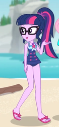 Size: 253x542 | Tagged: safe, screencap, sci-twi, twilight sparkle, equestria girls, equestria girls series, g4, unsolved selfie mysteries, cropped, feet, female, flip-flops, geode of telekinesis, glasses, legs, magical geodes, ponytail, sandals, solo