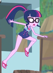Size: 387x536 | Tagged: safe, screencap, sci-twi, twilight sparkle, equestria girls, g4, my little pony equestria girls: better together, unsolved selfie mysteries, clothes, cropped, feet, female, flip-flops, geode of telekinesis, glasses, legs, magical geodes, offscreen character, ponytail, sandals, sci-twi swimsuit, solo, swimsuit