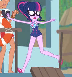 Size: 480x515 | Tagged: safe, screencap, sci-twi, timber spruce, twilight sparkle, equestria girls, g4, my little pony equestria girls: better together, unsolved selfie mysteries, clothes, cropped, feet, female, flip-flops, geode of telekinesis, glasses, legs, lifeguard timber, magical geodes, male, ponytail, sandals, swimsuit