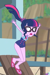 Size: 403x596 | Tagged: safe, screencap, sci-twi, twilight sparkle, equestria girls, g4, my little pony equestria girls: better together, unsolved selfie mysteries, clothes, cropped, feet, female, flip-flops, geode of telekinesis, glasses, legs, magical geodes, ponytail, sandals, sci-twi swimsuit, shrunken pupils, solo, swimsuit