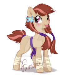 Size: 600x698 | Tagged: safe, artist:furreon, oc, oc only, unnamed oc, earth pony, pony, bandage, belt, blushing, deviantart watermark, female, flower, flower in hair, karate belt, mare, obtrusive watermark, signature, simple background, solo, tongue out, transparent background, watermark