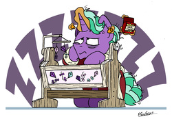 Size: 5889x4087 | Tagged: safe, artist:bobthedalek, firelight, pony, unicorn, g4, absurd resolution, baby, baby pony, bags under eyes, bathrobe, bed mane, clothes, cradle, ear plugs, father and child, father and daughter, female, implied starlight glimmer, male, parent and child, robe, sleeping, snorelight glimmer, snoring, stallion, that pony sure does love kites, tired, younger, zzz