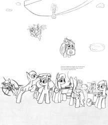 Size: 2199x2544 | Tagged: safe, artist:dsb71013, anchors away, oc, oc:amber spark, oc:maplejack, oc:misty monsoon, oc:night cap, oc:rhapsody, oc:snowy skies, oc:static signal, earth pony, pegasus, pony, unicorn, g3, g4, background pony, butt, carrying, cart, cloud, comic, female, flying, g3 to g4, generation leap, glowing horn, high res, horn, luggage, magic, male, mare, monochrome, mouth hold, plot, stallion, suitcase, teleportation