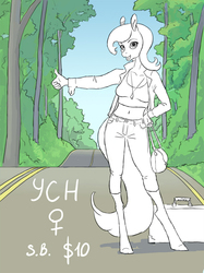 Size: 700x934 | Tagged: safe, artist:adeptus-monitus, oc, oc only, anthro, unguligrade anthro, advertisement, commission, female, forest, hitchhiking, road, solo, ych example, your character here