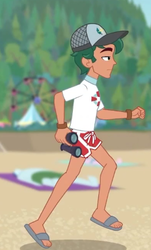 Size: 261x431 | Tagged: safe, screencap, timber spruce, equestria girls, g4, my little pony equestria girls: better together, unsolved selfie mysteries, clothes, cropped, feet, legs, lifeguard, lifeguard timber, male, sandals, shorts, solo focus