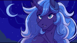 Size: 640x360 | Tagged: safe, artist:1an1, princess luna, anthro, g4, crescent moon, curved horn, female, horn, moon, night, pixel art, solo