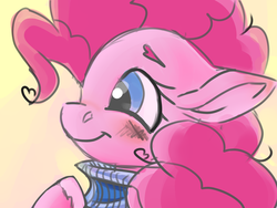 Size: 1600x1200 | Tagged: safe, artist:brainiac, derpibooru exclusive, pinkie pie, earth pony, pony, g4, blushing, brainiacs sketchbook (set), clothes, cute, diapinkes, female, floppy ears, mare, scarf, sketch, solo