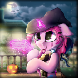 Size: 2000x2000 | Tagged: safe, artist:thefunnysmile, oc, oc only, oc:solid heart, bat, pony, accessory, belt, blurry, clothes, cute, eyebrow piercing, halloween, hat, headphones, high res, holiday, houses, jack-o-lantern, magic, moon, mp3 player, music notes, night, piercing, potion, pumpkin, scarf, sign, solo, tongue out, tongue piercing, witch hat