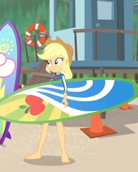 Size: 456x567 | Tagged: safe, screencap, applejack, blue crushed, equestria girls, equestria girls series, g4, applejack's hat, barefoot, clothes, cowboy hat, cropped, feet, female, geode of super strength, hat, legs, magical geodes, solo, surfboard, swimsuit