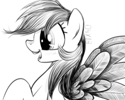 Size: 1280x1024 | Tagged: safe, artist:dsana, rainbow dash, pegasus, pony, g4, female, ink drawing, inktober, mare, monochrome, open mouth, raised hoof, simple background, sketch, smiling, solo, spread wings, traditional art, white background, wings