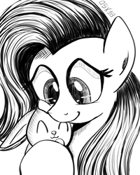 Size: 1200x1500 | Tagged: safe, artist:dsana, angel bunny, fluttershy, pegasus, pony, rabbit, g4, duo, eyes closed, female, hug, ink drawing, inktober, mare, monochrome, simple background, sketch, smiling, traditional art, white background