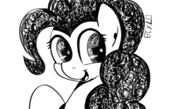 Size: 1280x800 | Tagged: safe, artist:dsana, pinkie pie, earth pony, pony, g4, female, ink drawing, inktober, mare, monochrome, open mouth, raised hoof, simple background, sketch, smiling, solo, traditional art, white background