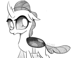 Size: 1280x1024 | Tagged: safe, artist:dsana, ocellus, changedling, changeling, g4, female, floppy ears, ink drawing, inktober, looking at you, monochrome, simple background, sketch, smiling, solo, traditional art, white background