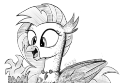 Size: 1280x874 | Tagged: safe, artist:dsana, silverstream, classical hippogriff, hippogriff, g4, female, ink drawing, inktober, jewelry, monochrome, necklace, open mouth, simple background, sketch, smiling, solo, traditional art, waving, white background