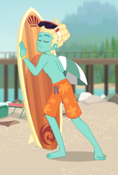 Size: 369x548 | Tagged: safe, screencap, gladys, zephyr breeze, blue crushed, equestria girls, equestria girls series, g4, ankles, barefoot, beach, clothes, cropped, eyes closed, feet, legs, male, manbun, partial nudity, shorts, smiling, solo, sunglasses, surfboard, swimming trunks, topless, zephyrbetes