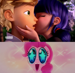 Size: 600x589 | Tagged: safe, pinkie pie, earth pony, human, pony, g4, my little pony: the movie, adrien agreste, female, kissing, male, mare, marinette dupain-cheng, miraculous ladybug, spoilers for another series, starry eyes, wingding eyes