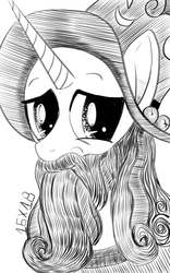 Size: 1200x1920 | Tagged: safe, artist:dsana, star swirl the bearded, pony, unicorn, g4, beard, bust, facial hair, hat, ink drawing, inktober, looking at you, male, monochrome, simple background, sketch, smiling, solo, stallion, traditional art, white background, wizard hat