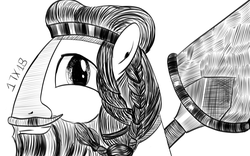 Size: 1280x800 | Tagged: safe, artist:dsana, rockhoof, earth pony, pony, g4, beard, bust, facial hair, ink drawing, inktober, looking at you, male, monochrome, rockhoof's shovel, simple background, sketch, smiling, solo, stallion, traditional art, white background