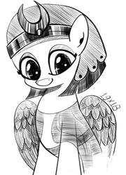 Size: 1200x1668 | Tagged: safe, artist:dsana, somnambula, pegasus, pony, g4, egyptian, female, ink drawing, inktober, looking at you, mare, monochrome, simple background, sitting, sketch, smiling, solo, traditional art, white background