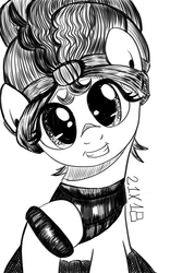 Size: 1200x1920 | Tagged: safe, artist:dsana, meadowbrook, earth pony, pony, g4, female, ink drawing, inktober, looking at you, mare, meadowcute, monochrome, raised hoof, simple background, sitting, sketch, smiling, solo, traditional art, white background