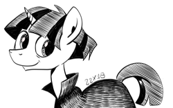 Size: 1280x800 | Tagged: safe, artist:dsana, stygian, pony, unicorn, g4, cloak, clothes, ink drawing, inktober, looking at you, male, monochrome, simple background, sketch, smiling, solo, stallion, traditional art, white background