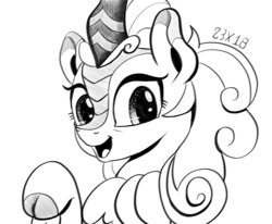 Size: 1280x1053 | Tagged: safe, artist:dsana, autumn blaze, kirin, g4, sounds of silence, bust, cloven hooves, female, ink drawing, inktober, lineart, looking at you, monochrome, open mouth, raised hoof, simple background, sketch, smiling, solo, traditional art, white background