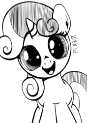 Size: 1110x1568 | Tagged: safe, artist:dsana, sweetie belle, pony, unicorn, g4, female, filly, ink drawing, inktober, looking at you, monochrome, simple background, sketch, smiling, solo, traditional art, white background