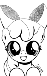 Size: 1200x1920 | Tagged: safe, artist:dsana, apple bloom, earth pony, pony, g4, bow, female, filly, hair bow, ink drawing, inktober, looking at you, monochrome, raised hoof, simple background, sketch, smiling, solo, traditional art, white background