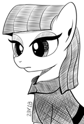 Size: 1130x1666 | Tagged: safe, artist:dsana, maud pie, earth pony, pony, g4, clothes, dress, female, ink drawing, inktober, lidded eyes, mare, monochrome, simple background, sketch, solo, traditional art, white background