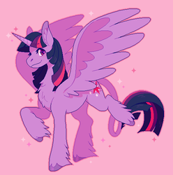 Size: 540x545 | Tagged: safe, artist:horsepaws, twilight sparkle, alicorn, classical unicorn, pony, unicorn, g4, chest fluff, cloven hooves, female, fluffy, horn, leonine tail, looking at you, mare, smiling, solo, sparkles, twilight sparkle (alicorn), unshorn fetlocks