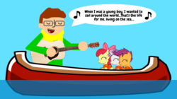 Size: 1066x599 | Tagged: artist needed, safe, apple bloom, scootaloo, sweetie belle, oc, unnamed oc, earth pony, human, pegasus, pony, unicorn, g4, canoe, dialogue, eyes closed, female, filly, foal, glasses, guitar, human and pony, life jackets, lifejacket, male, singing, smiling, speech bubble, the wiggles, water