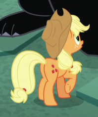 Size: 198x238 | Tagged: safe, screencap, applejack, earth pony, pony, g4, school raze, butt, cropped, female, looking up, mare, plot, raised hoof, solo focus