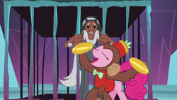 Size: 1280x720 | Tagged: safe, screencap, lord tirek, pinkie pie, centaur, earth pony, monkey, pony, g4, school raze, annoying, cage, clothes, costume, cute, cymbal monkey, cymbals, diapinkes, female, male, mare, musical instrument, nose piercing, nose ring, piercing, prisoner, septum piercing