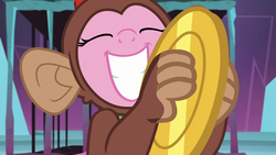 Size: 1280x720 | Tagged: safe, screencap, pinkie pie, earth pony, monkey, pony, g4, school raze, animal costume, cage, clothes, costume, cute, cymbal monkey, cymbals, diapinkes, eyes closed, female, grin, mare, musical instrument, pinkie being pinkie, smiling, solo, squee