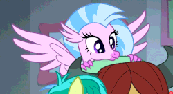 Size: 996x540 | Tagged: safe, screencap, ocellus, sandbar, silverstream, smolder, yona, classical hippogriff, dragon, hippogriff, pony, yak, g4, school daze, animated, birb, cropped, cute, diastreamies, female, flapping, happy, male, offscreen character, solo focus