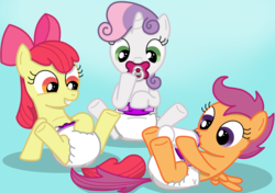 Size: 5016x3541 | Tagged: safe, artist:diaperdude, apple bloom, scootaloo, sweetie belle, earth pony, pegasus, pony, unicorn, g4, ageplay, blank flank, bottle, cute, cutie mark crusaders, diaper, diaper fetish, female, fetish, milk, non-baby in diaper, pacifier, poofy diaper