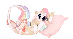 Size: 1280x676 | Tagged: safe, artist:php146, oc, oc only, pony, unicorn, curved horn, female, horn, leonine tail, mare, on back, pillow, simple background, solo, white background