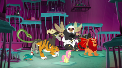 Size: 1440x809 | Tagged: safe, screencap, chimera sisters, fluttershy, bugbear, chimera, cockatrice, manticore, pegasus, pony, g4, school raze, background monster, cage, female, mare, monster, multiple heads, tartarus, three heads