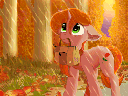 Size: 1470x1103 | Tagged: safe, artist:zobaloba, oc, oc only, oc:debra rose, pegasus, pony, unicorn, animated, autumn, bag, blinking, commission, cutie mark, ear fluff, female, floppy ears, gif, gift art, goodbye, horn, leaves, mare, mouth hold, rain, sad, scenery, solo, tree, ych result