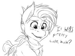 Size: 1500x1119 | Tagged: safe, artist:drizziedoodles, oc, oc only, oc:honey drizzle, pony, bandana, cute, dialogue, freckles, male, solo, stallion, text