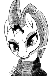 Size: 707x1074 | Tagged: safe, artist:dsana, tempest shadow, pony, unicorn, my little pony: the movie, angry, armor, broken horn, female, horn, ink drawing, inktober, looking at you, mare, monochrome, simple background, sketch, solo, traditional art, white background