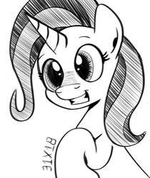 Size: 921x1098 | Tagged: safe, artist:dsana, trixie, pony, unicorn, g4, female, ink drawing, inktober, mare, monochrome, raised hoof, simple background, sketch, smiling, solo, traditional art, white background