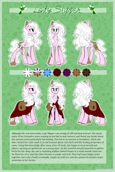 Size: 3000x4471 | Tagged: safe, artist:kellythedrawinguni, oc, oc only, oc:lady slipper, earth pony, pony, cloak, clothes, female, mare, reference sheet, saddle bag, solo