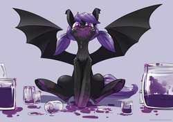 Size: 3508x2480 | Tagged: safe, artist:underpable, oc, oc only, oc:batty, bat pony, pony, bat pony oc, cute, fangs, female, high res, jam, jar, messy, ocbetes, pigtails, sitting, smiling, solo, spread wings, underhoof, wings