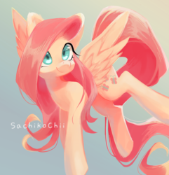 Size: 1512x1570 | Tagged: safe, artist:sachikochii, fluttershy, pegasus, pony, g4, female, gradient background, looking away, mare, smiling, solo, spread wings, turned head, wings