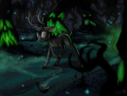 Size: 1600x1200 | Tagged: safe, artist:sirzi, deer, fordeer, original species, antlers, forest, halloween, holiday, scenery, solo, spooky, tree