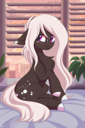 Size: 2000x3000 | Tagged: safe, artist:pesty_skillengton, derpibooru exclusive, oc, oc only, earth pony, pony, bed, blinds, chest fluff, city, cute, female, floppy ears, flower, freckles, high res, house plant, mare, purple eyes, smiling, solo, white hair, white mane, white tail